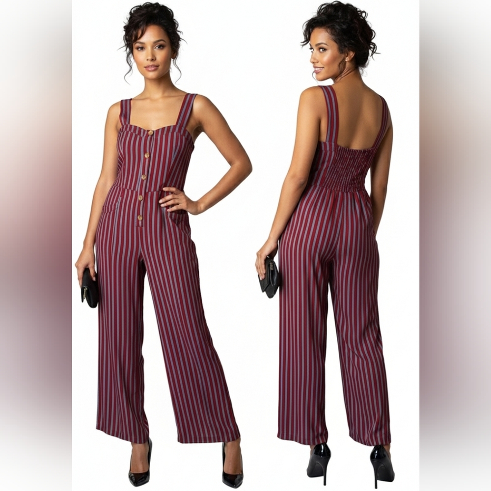 Free‎ People Women's City Girl Burgundy Wide Leg Jumpsuit in size